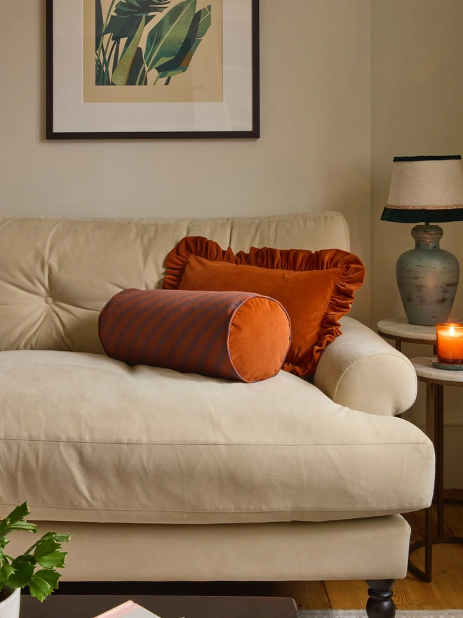 Handmade ruffled velvet lumbar cushion 50x35cm with feather pad, rust, Kika Bespoke