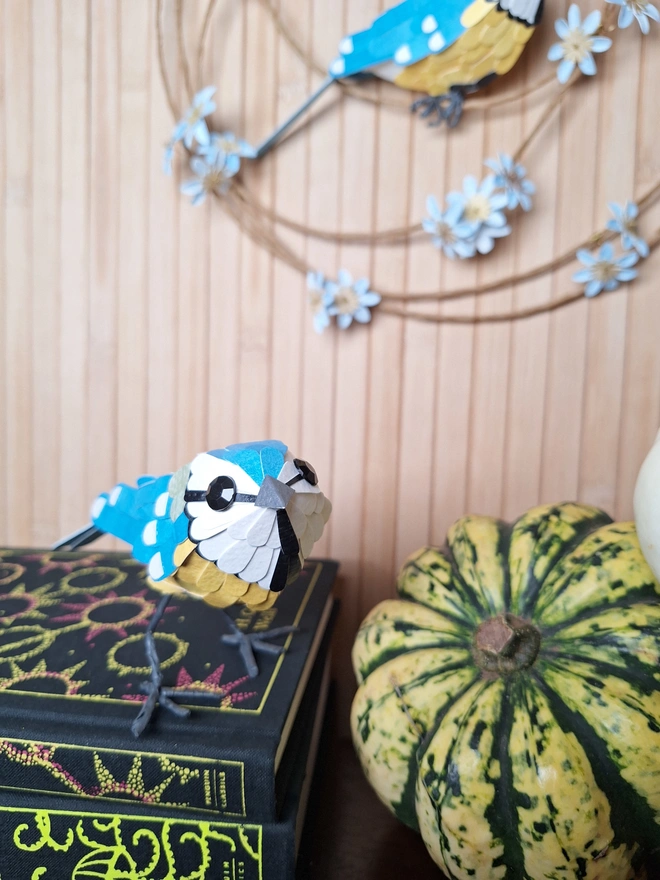 handmade paper bird art of a blue tit