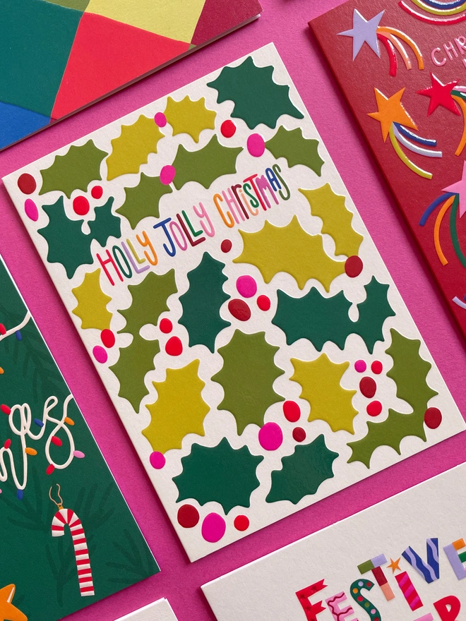 Bright, Colourful & Joyful Holly Pattern Christmas Card ‘Holly Jolly Christmas' | Raspberry Blossom 