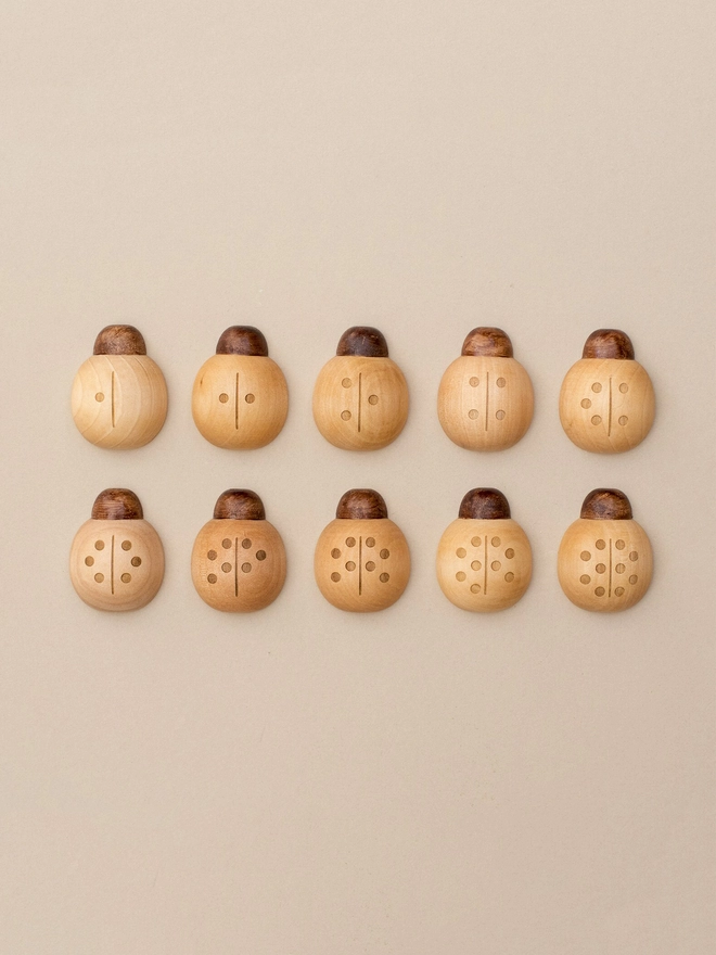 Wooden ladybirds with dots from 1 to 10