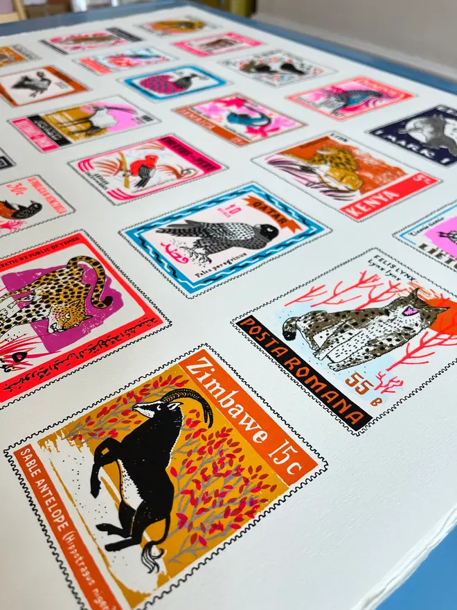 Stamp Collection Screenprint National Birds And Beasts , a colourful collection of animal and bird designs on a screenprint. 