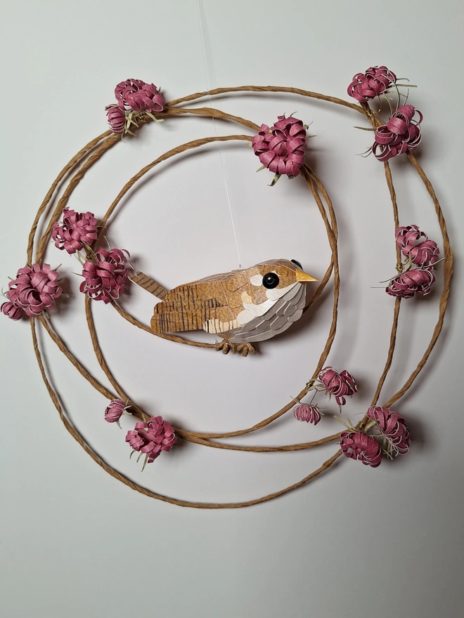 wren bird sculpture on a burgundy flower wreath. Handmade nature themed wall art