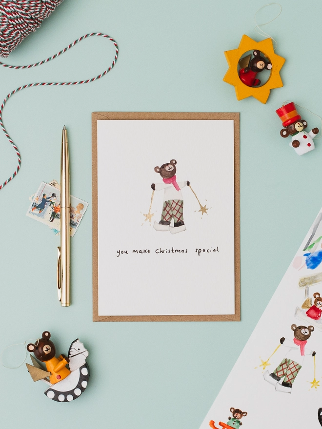 Iceskating Bear Gold Foil Christmas Card Set of 6 Cards 