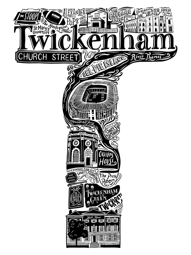 Twickenham unframed print black and white letter T