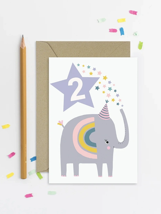 Elephant Purple Kid's Second Birthday Card