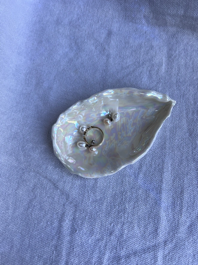 large porcelain oyster shell dish with mother of pearl lustre