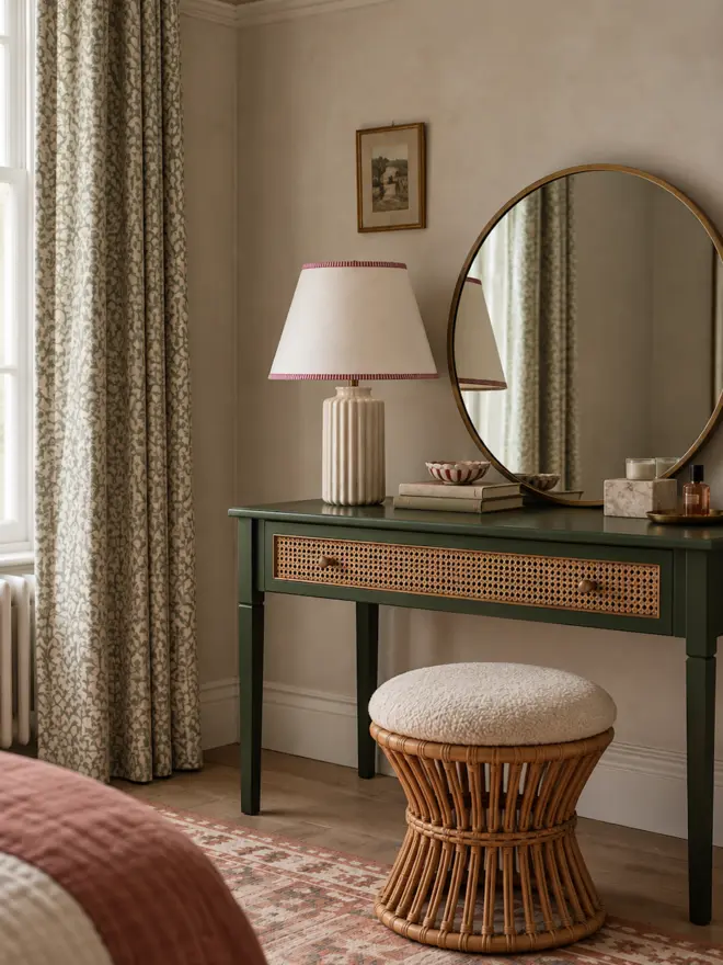 Studio Zef cream lampshade with hand-painted burgundy and pink striped edges, styled on a ceramic lamp in a traditional bedroom with a green cane-fronted dressing table, round brass mirror and patterned curtains.