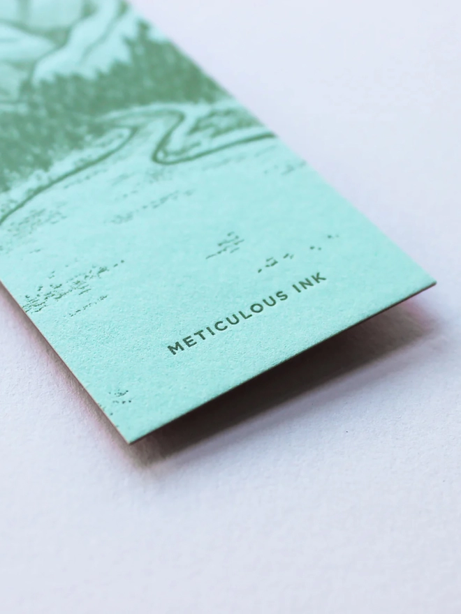Landscape letterpress bookmark close up