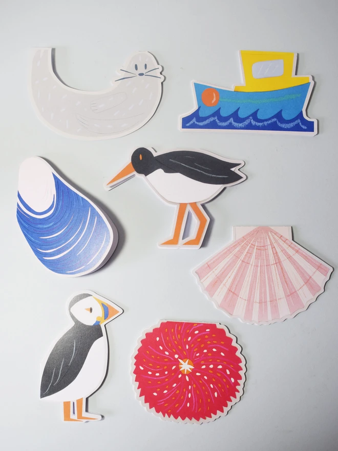 Cut out printed illustrations of a seal, a boat, a oystercatcher, a scallop shell, a puffin, a mussel and an urchin. 
