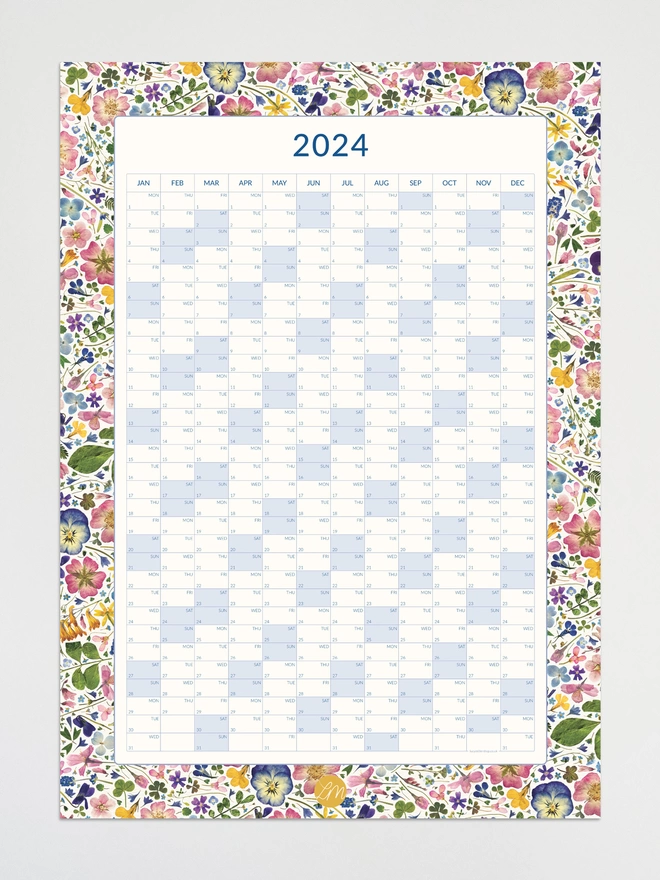 Large 2024 Wall Planner with Floral Border Showing Details of Pressed Flowers, Weekend Days Highlighted in Blue