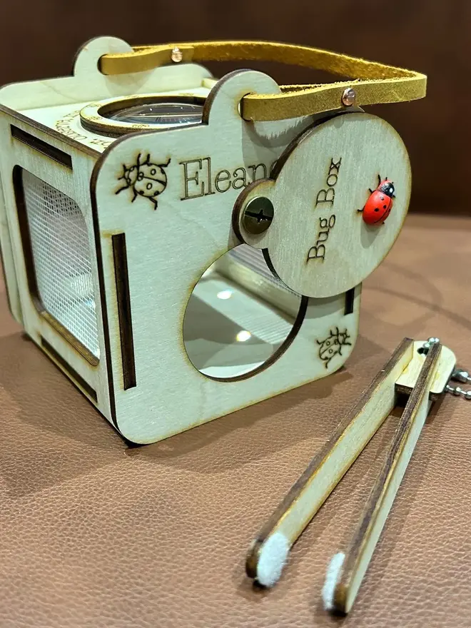 Baltic birch plywood bug observation box with clear viewing panels and a leather carrying handle displayed on table next to wooden insect-friendly tweezers. 