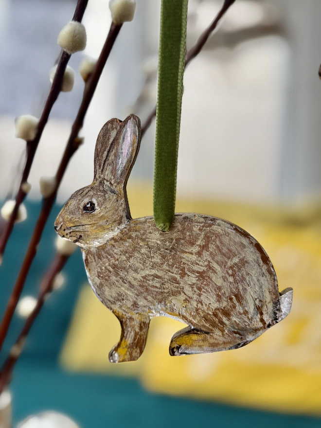 Hand painted Easter bunny decoration with green velvet ribbon 