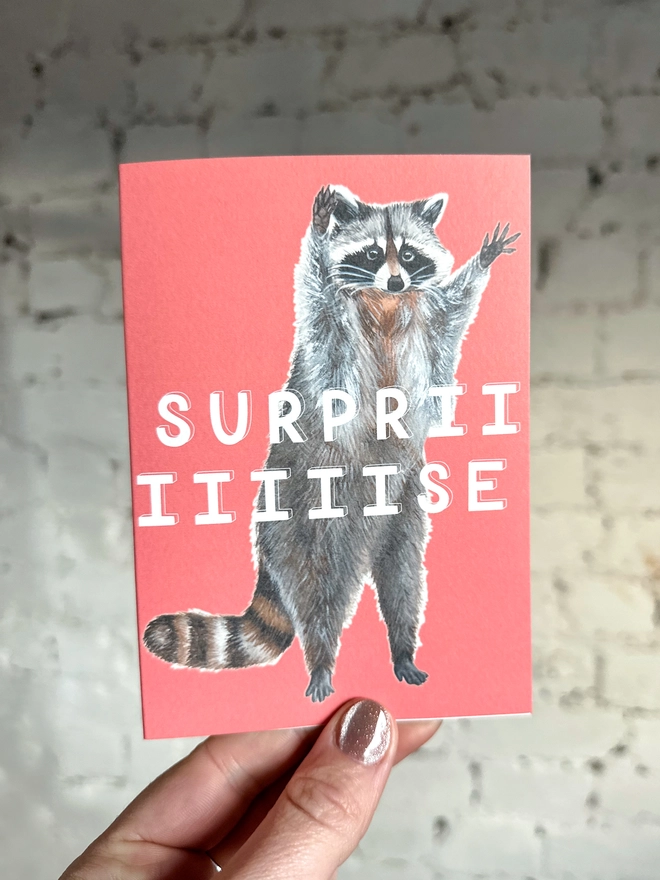 a bright coral pink greetings card featuring an illustration of a raccoon with its hands in the air with the text “surpriiiiise”