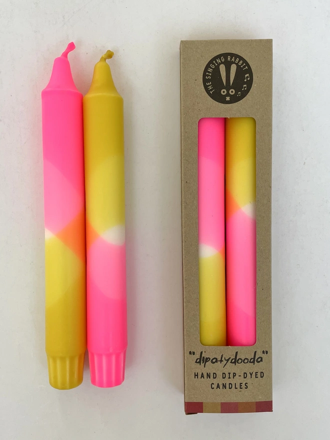 Neon Pink & Mustard Yellow Dinner Candles (Set Of 2)