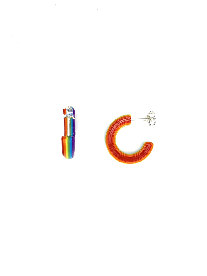 Rainbow Stripe mini hoop earrings, shown the full rainbow of colours from the front side view