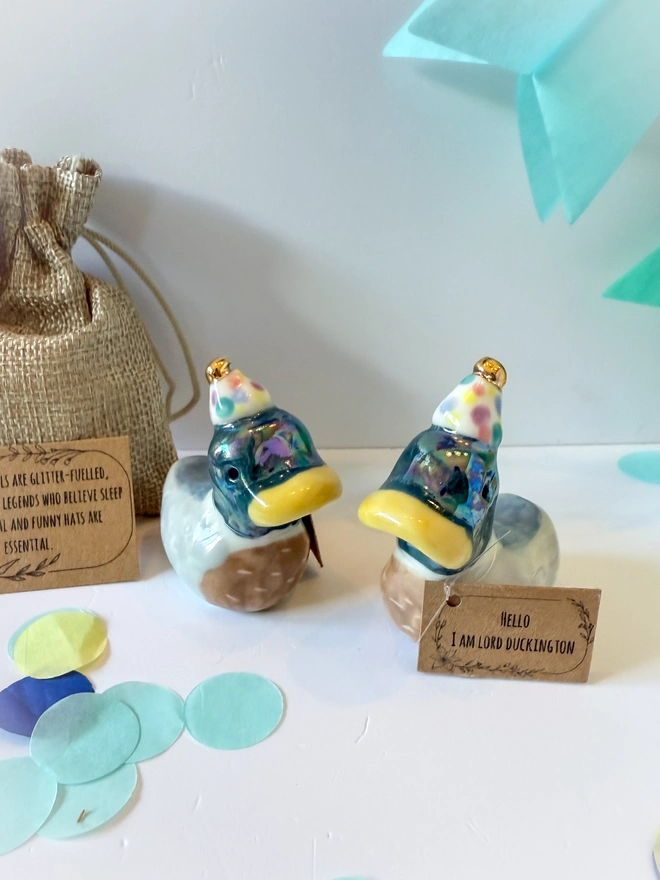 Handmade Porcelain Duck Cake Topper With Party Hat 