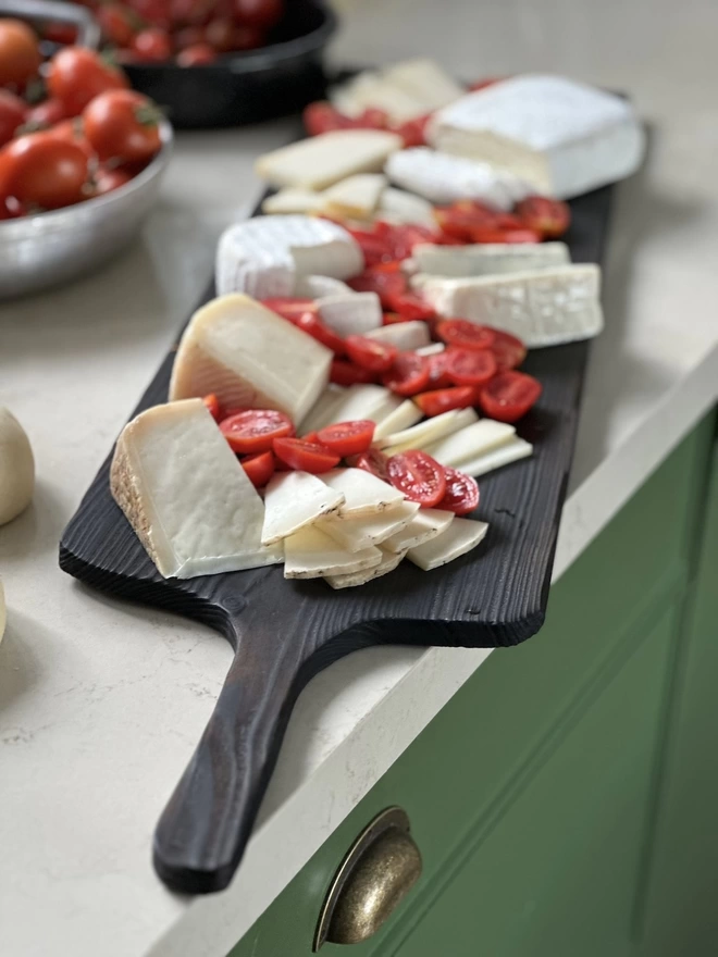 Long Charred Black Serving Board With Cheese