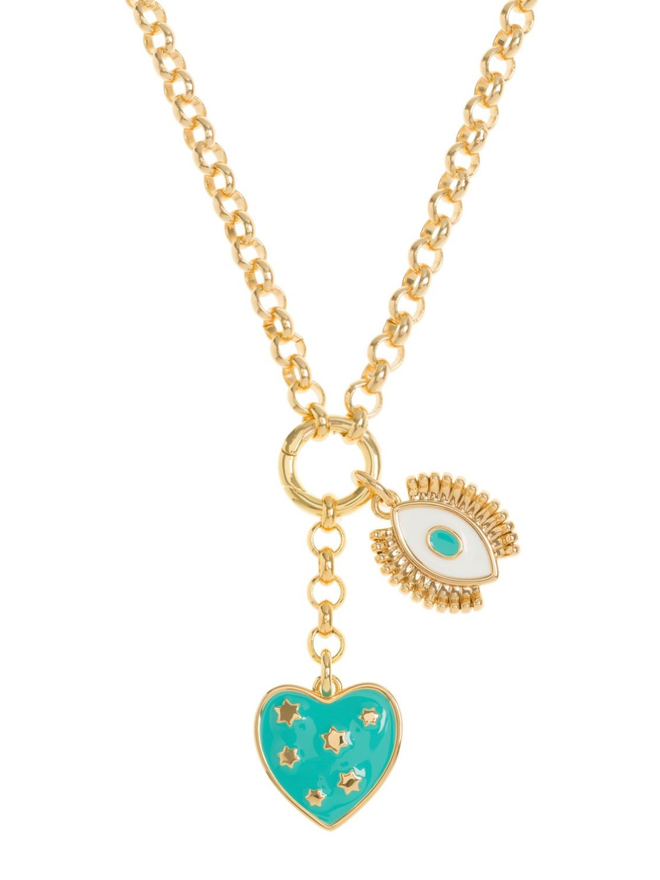 Turquoise heart charm with gold stars hanging alongside a turquoise and white evil eye charm on a gold belcher chain necklace