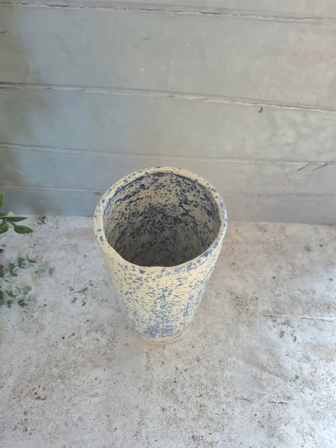 Tall vase, large vase, blue and white vase, speckled vase, splatterware vase, Jenny Hopps Pottery, 