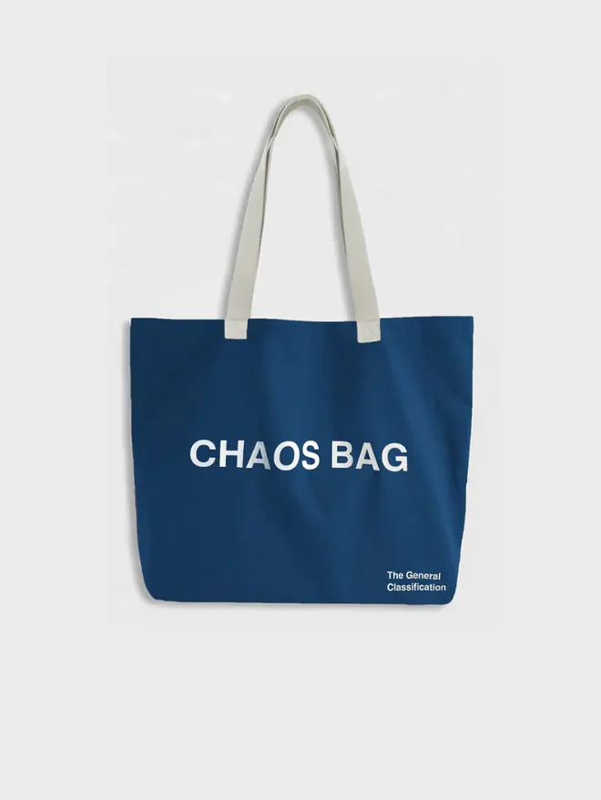 'Chaos' Tote Bag, against a grey background. 