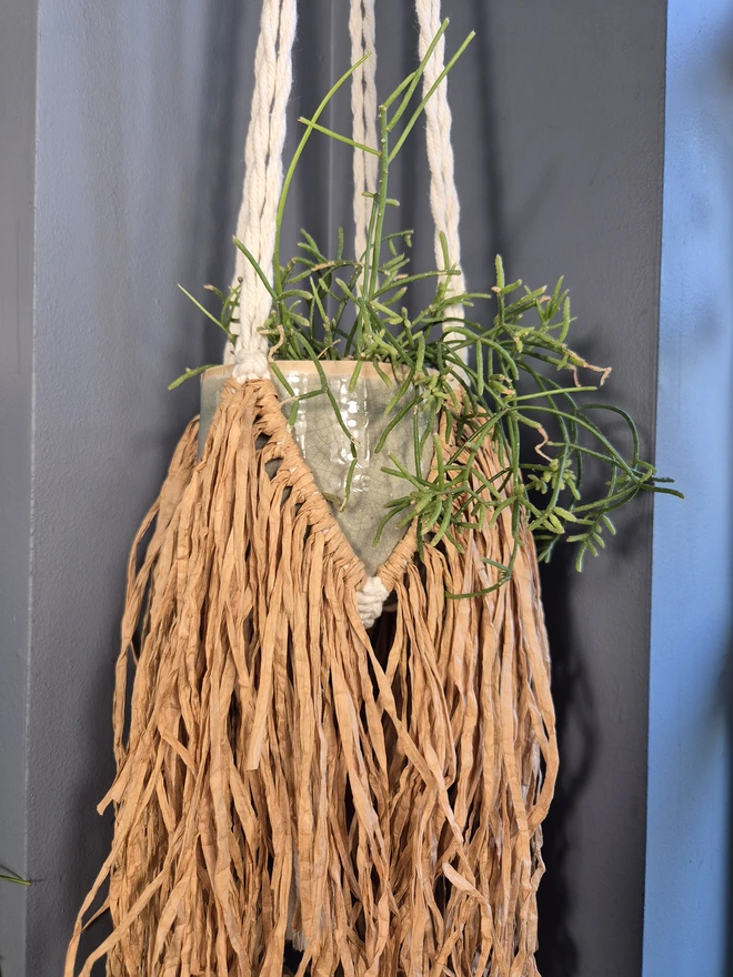 Handmade macrame plant holder made with bio-degradable raffia and natural cotton to create a stunning boho vibe to any empty space or home, ideal for your favourite plants to thrive and decorate your home beautifully