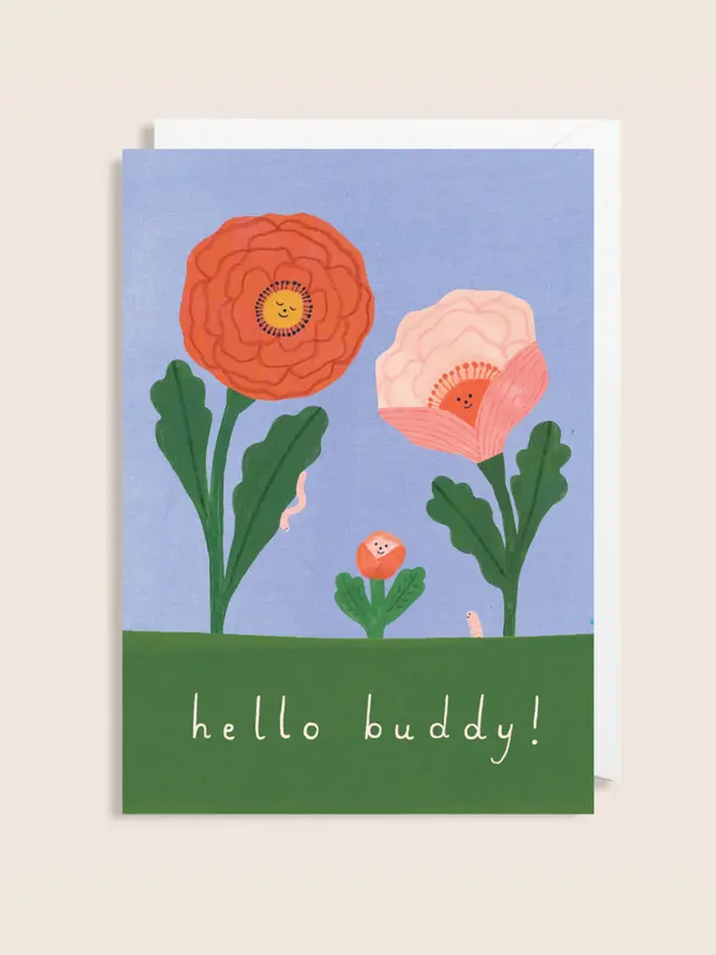'Hello Buddy!' New Baby Card, against a pink background. 