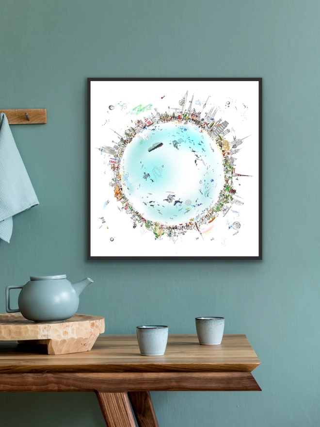 Around The World In 80 Days Print Framed on a blue wall