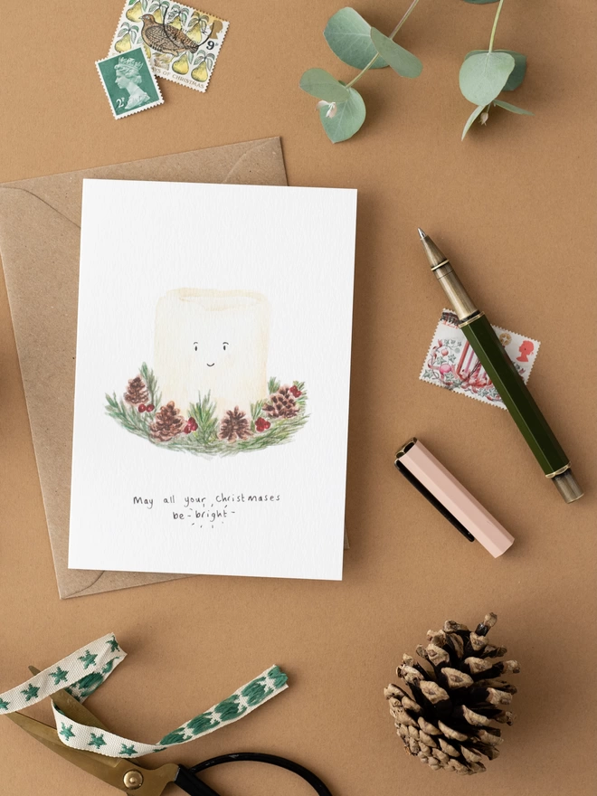 Hand illustrated unique Christmas Candle card