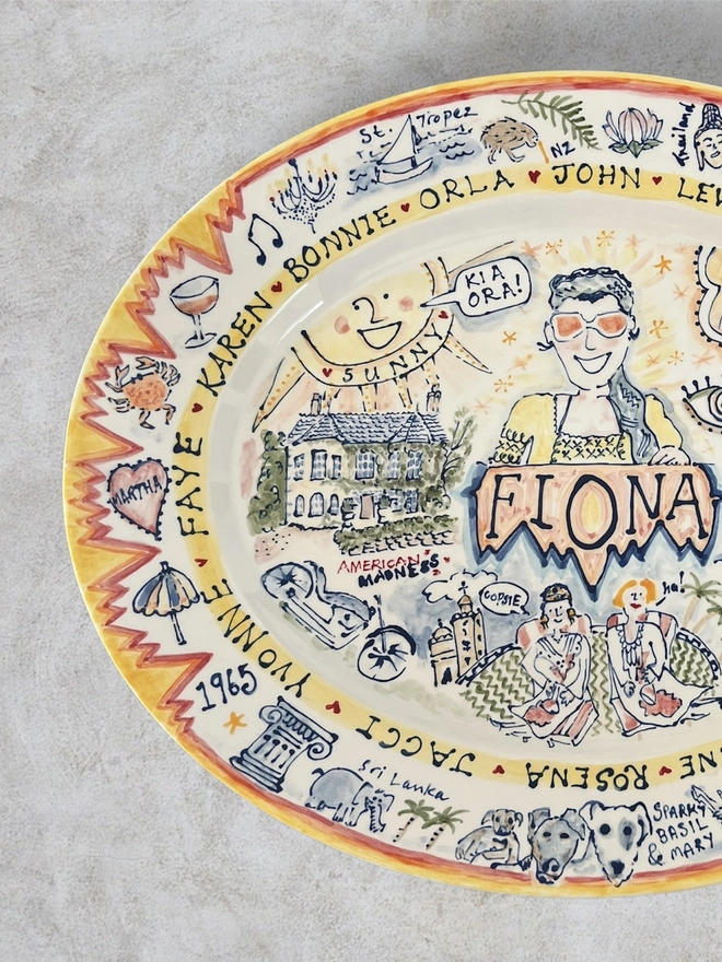 Hand-painted celebration platter packed with illustrated moments good times, holiday and family