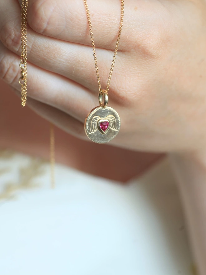 Angel Ruby Heart Necklace In 9ct Gold 