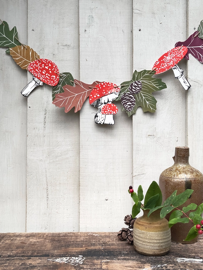 Hand Printed Woodland Garland,Linocut Mushrooms/Leaves