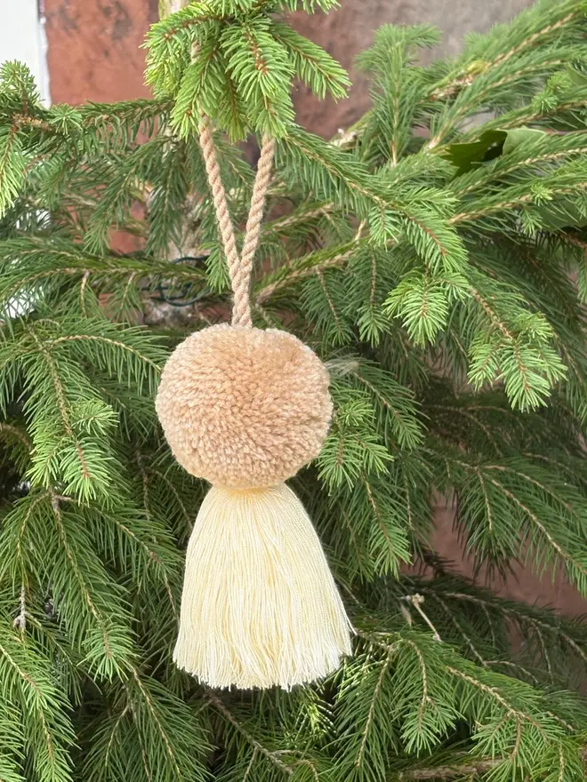 Natural Beige Popm pom and tassel christmas bauble decoration 