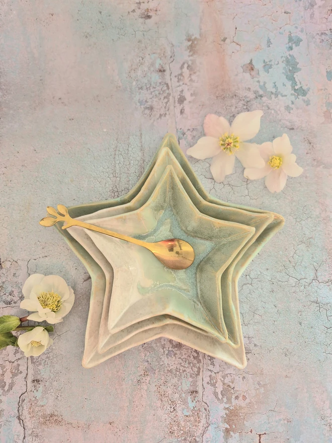 Set of star plates, star dishes, ceramic star plates, pottery star plates, Jenny Hopps Pottery, Tapas dishes, mezzo dishes, Green and white