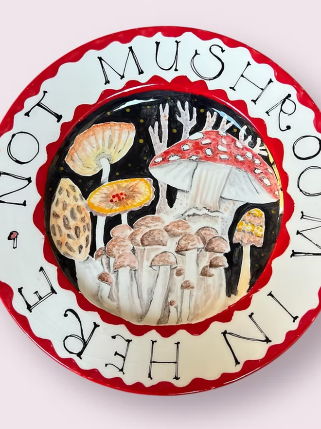 "Not Mushroom In Here" hand-painted whimsical ceramic plate.