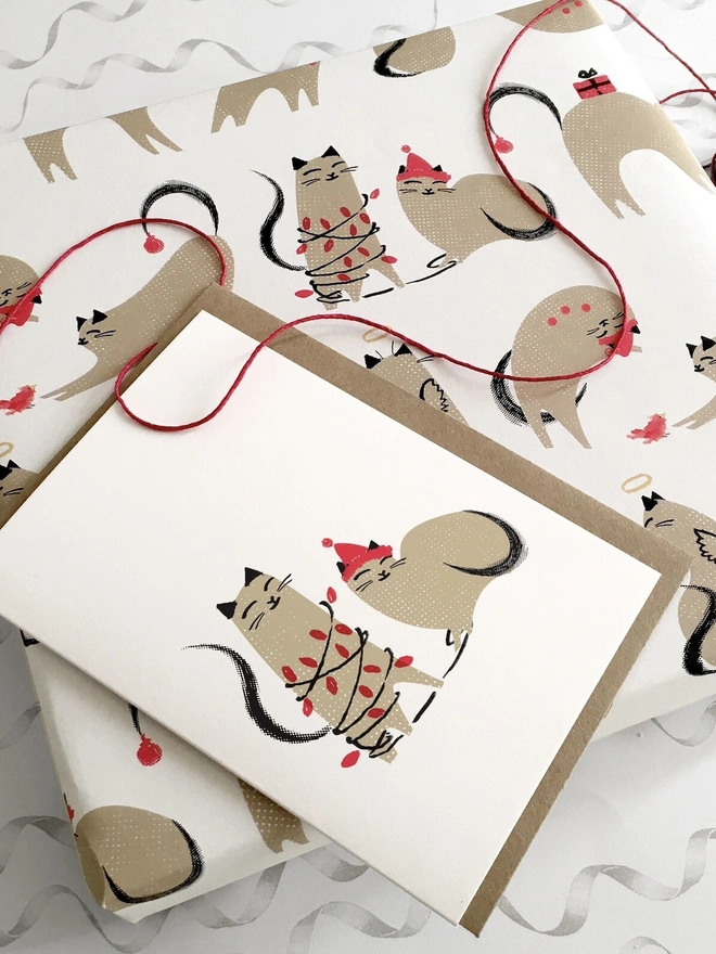 Cute Two Cats In Christmas Lights Cards (Pack Of 1 Or 5)
