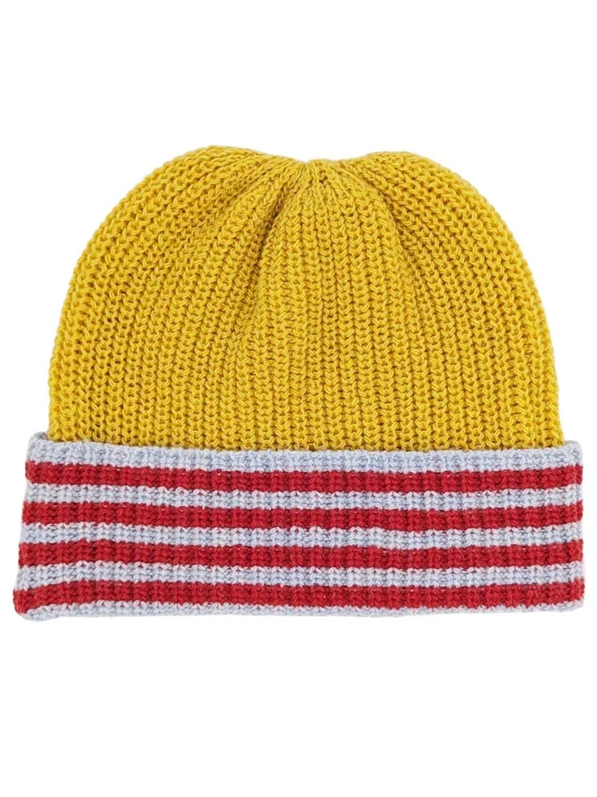Yellow Ribbed Hat With Red And Light Blue Trim