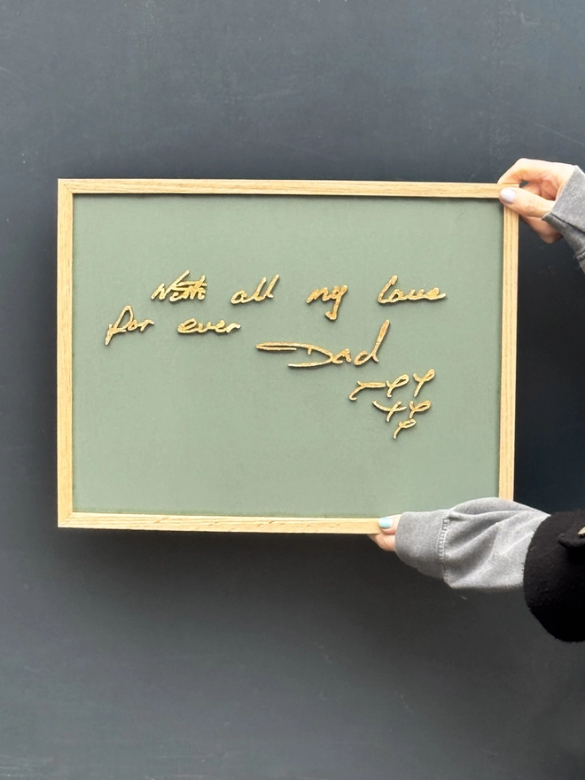 wooden handwriting artwork in green by modo