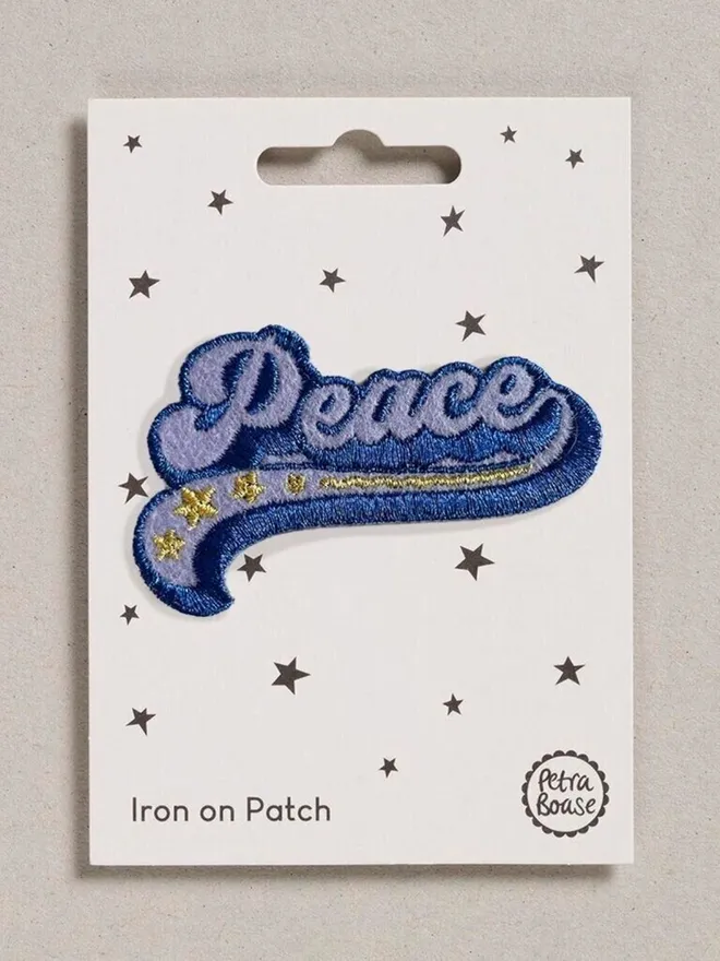 Peace embroidered iron on fabric patch,blue and metallic blue.