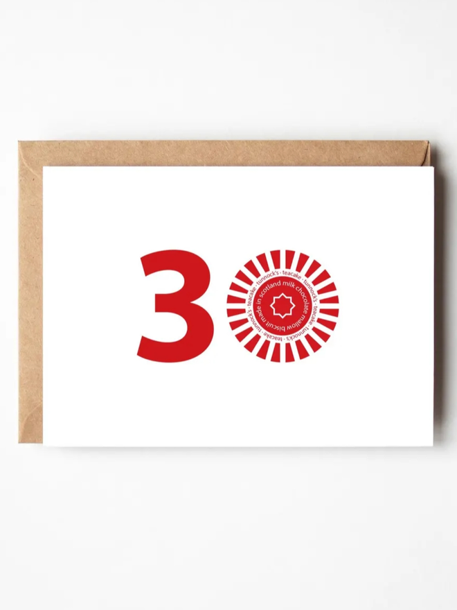 Happy 30th Birthday Card. A birthday card patterned with 30, the 0 of which is a teacake.