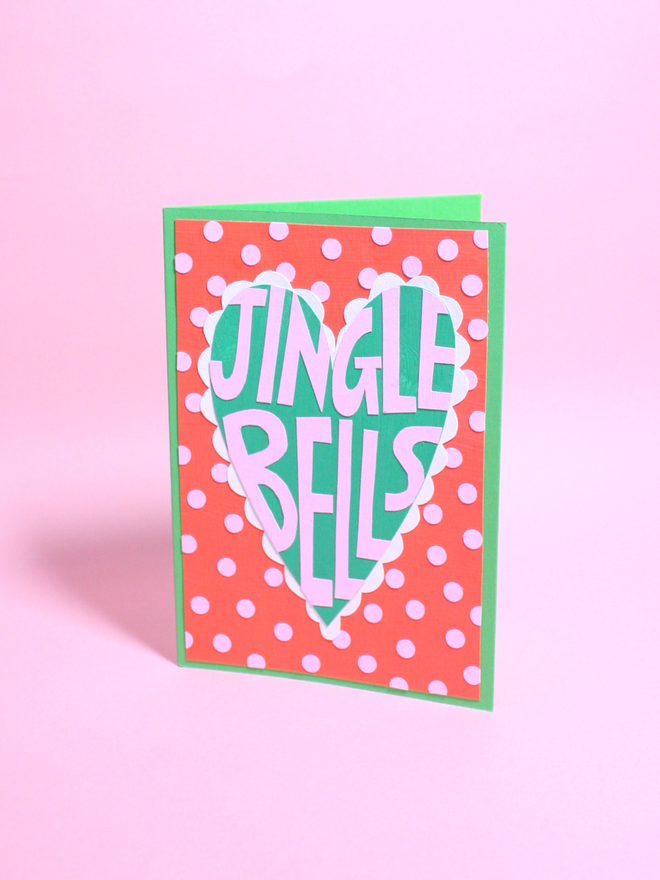 Collaged Christmas Card Jingle Bells Red, Green and Pink