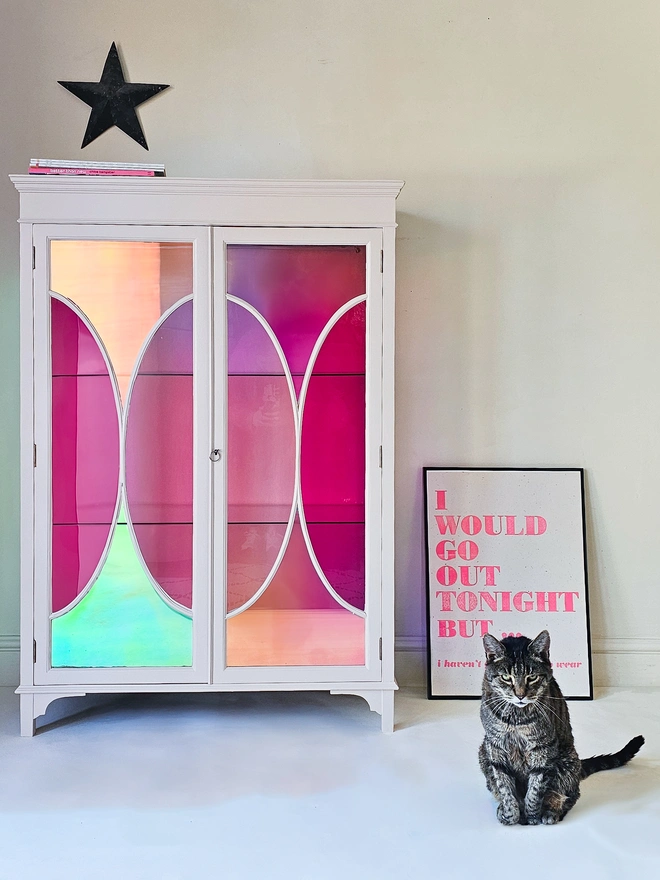 Create your own Upcycled Stained Glass Pink & Irridescent Vintage Stained Glass Drinks Cabinet by Chloe Kempster