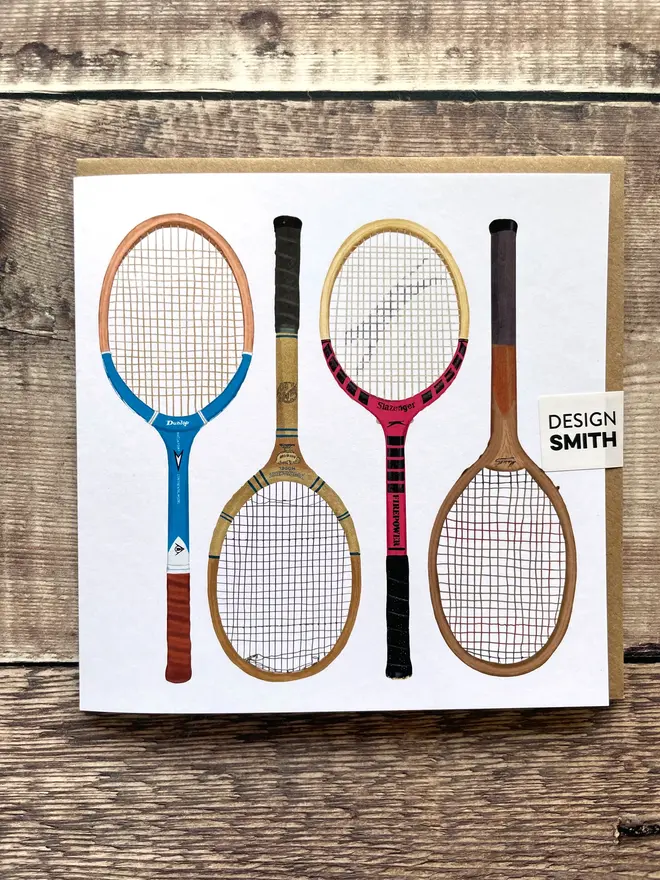 Tennis Racquets Blank Greetings Card, paired with a brown envelope 