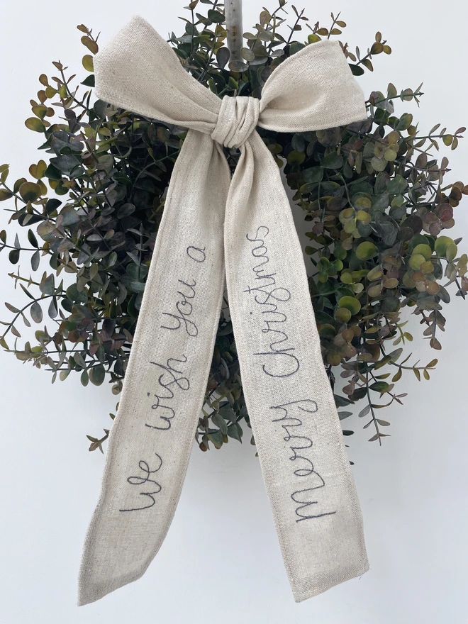 Christmas Embroidered Personalised Wired Linen Ribbon