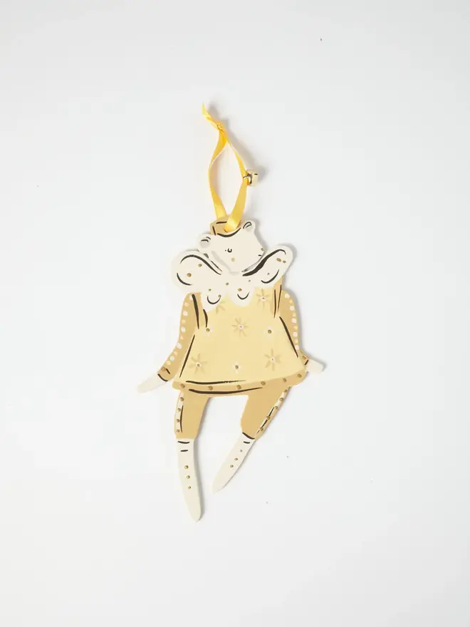 Honey Tree Dancer. wooden hanging bear decoration with fairy wings and a gold star-patterned dress, yellow ribbon with a jingle bell, on a white background