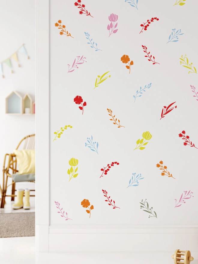 botanical bloom wall stickers in bright colours in a kids room