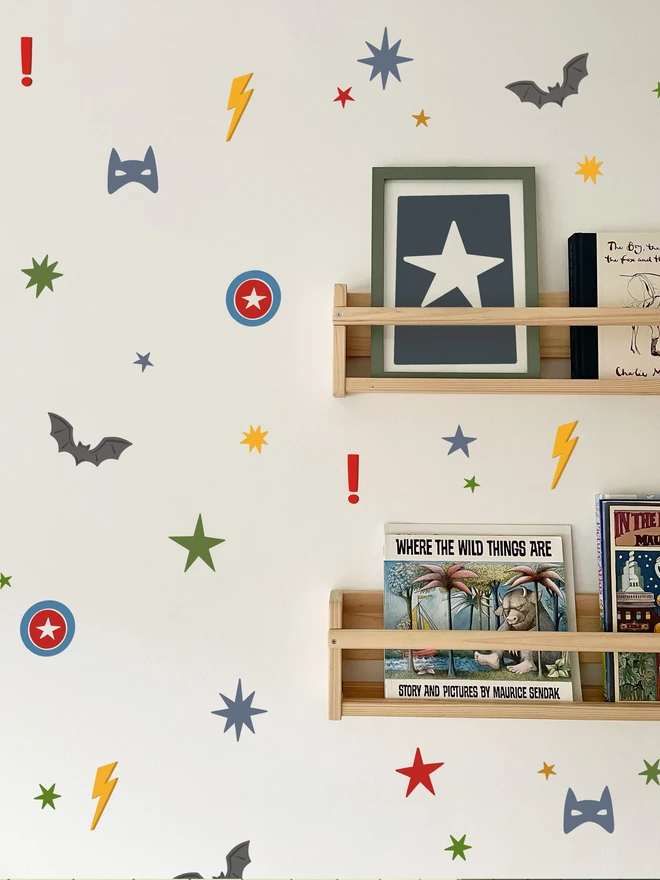 Ducks In A Row Superhero Fabric Wall Stickers in Boys bedroom with shelving
