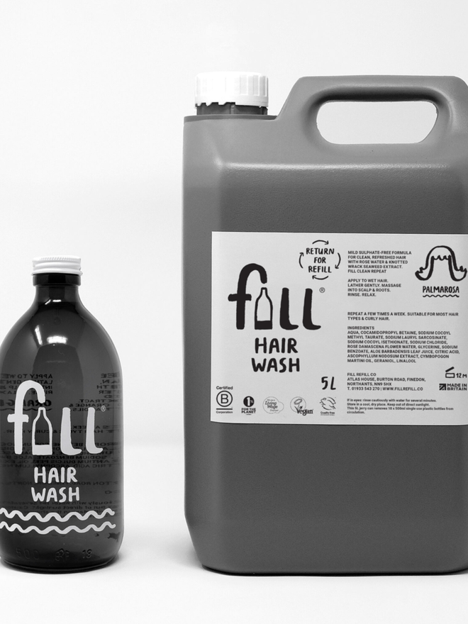 Hair Wash. A bottle of Hair Wash and a 5L refill box.