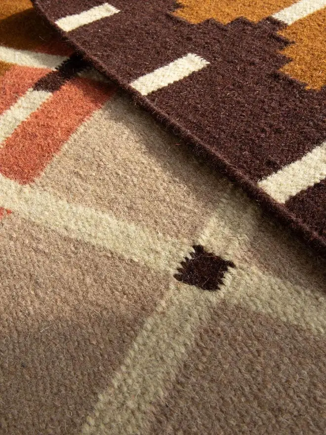 Corbie Flatweave Rug, a colourful rug sitting on a household floor. 