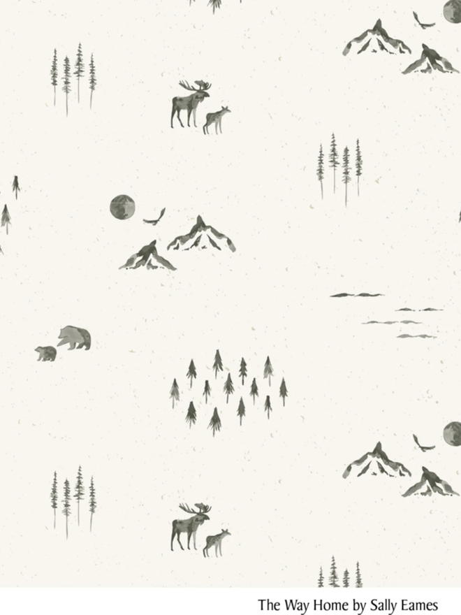 The Way Home Muslin. A monochromatic wildlife design.