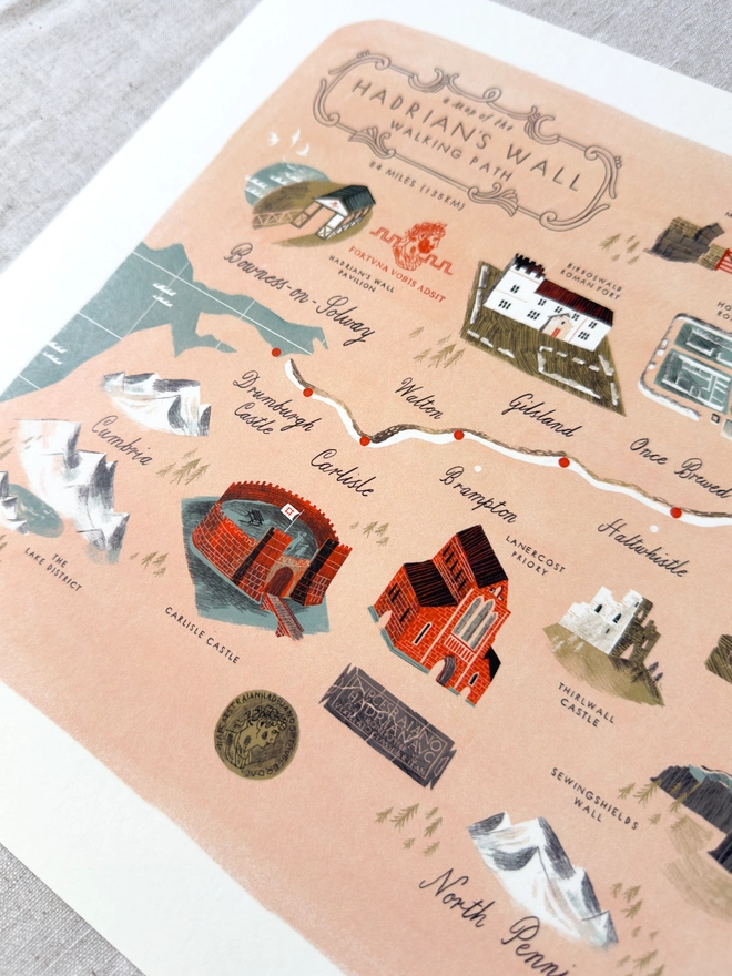 Hadrian's Wall Map Print Close Up